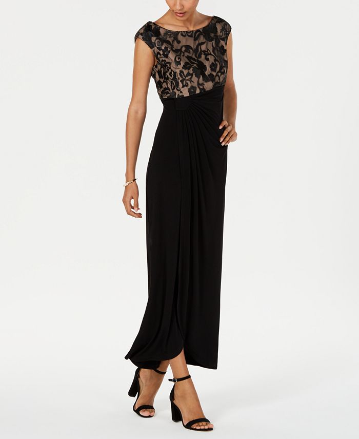 Connected Women's Embroidered Mesh Faux Wrap Gown Black Size 10