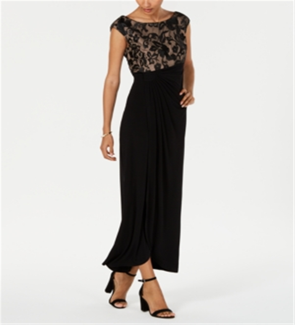 Connected Women's Embroidered Mesh Faux Wrap Gown Black Size 10