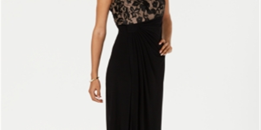 Connected Women's Embroidered Mesh Faux Wrap Gown Black Size 10