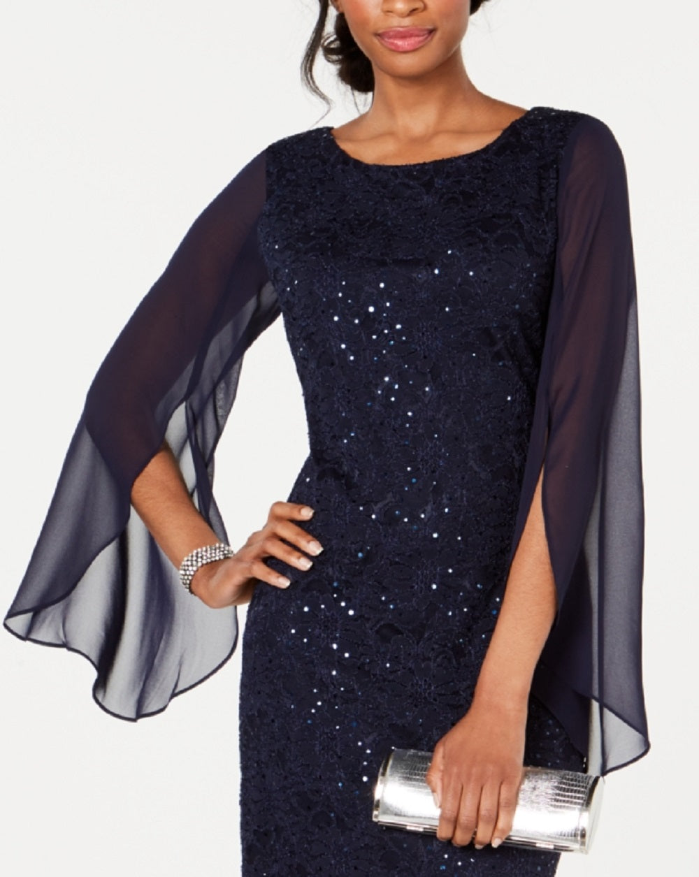 Connected Women's Flutter Sleeve Sequined Lace Dress Blue Size 6