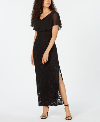 Connected Women's Sequin Lace Cape Gown Black Size 14Petite