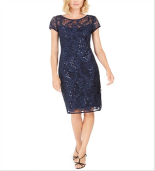 Connected Women's Floral Sequin Sheath Dress Blue Size 14