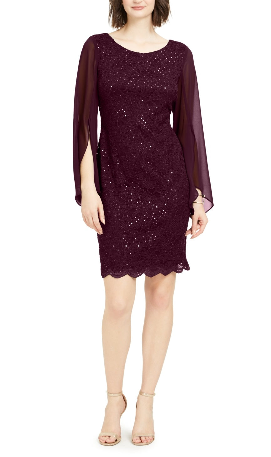 Connected Women's Flutter Sleeve Sequined Lace Dress Purple Size 16