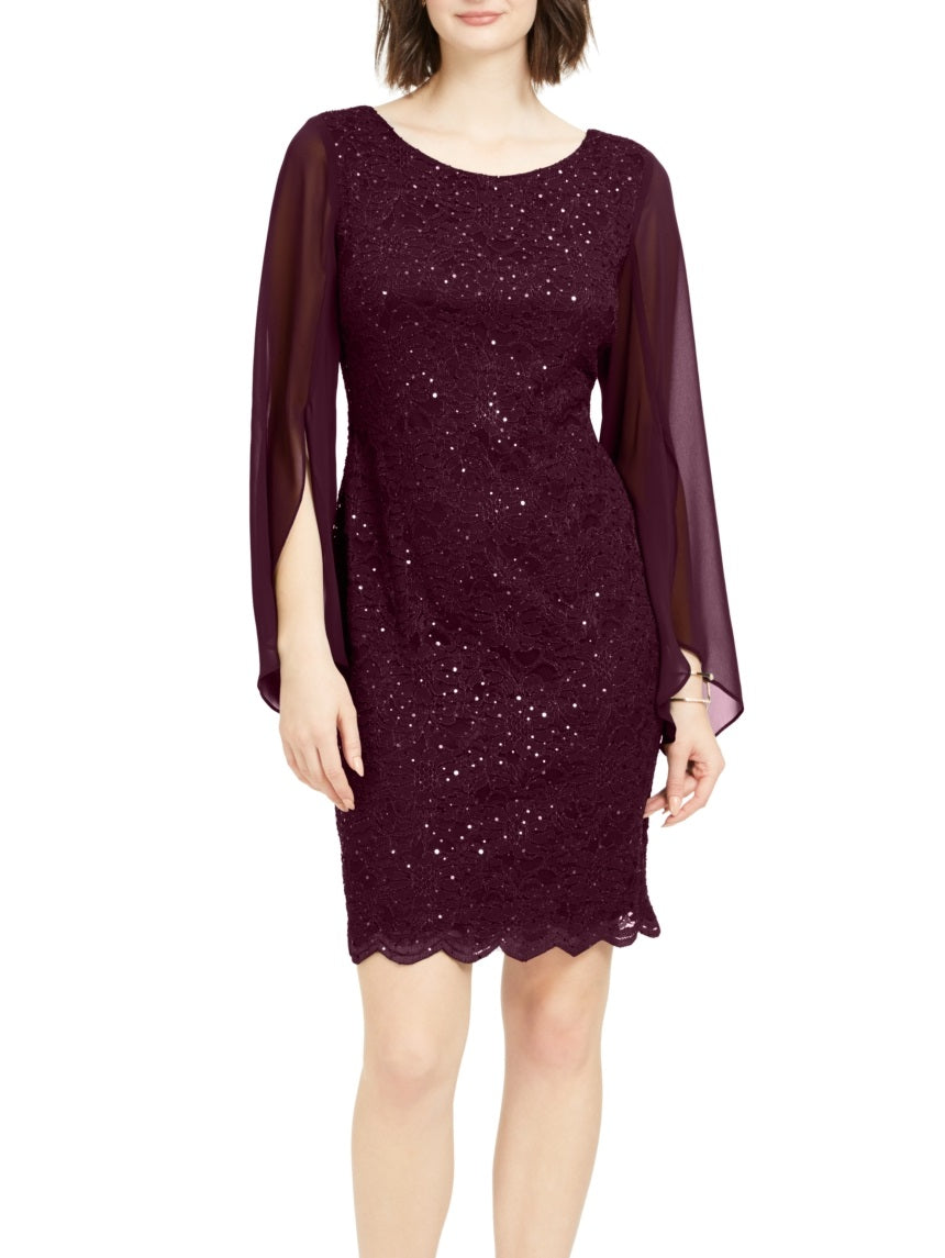 Connected Women's Flutter Sleeve Sequined Lace Dress Purple Size 16