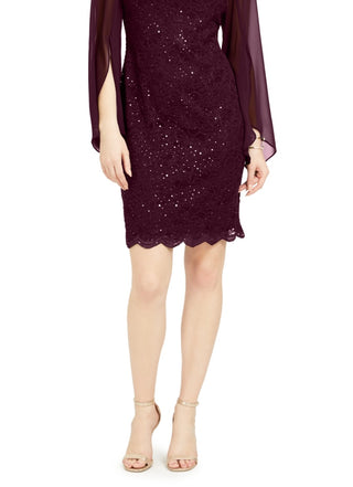 Connected Women's Flutter Sleeve Sequined Lace Dress Purple Size 16