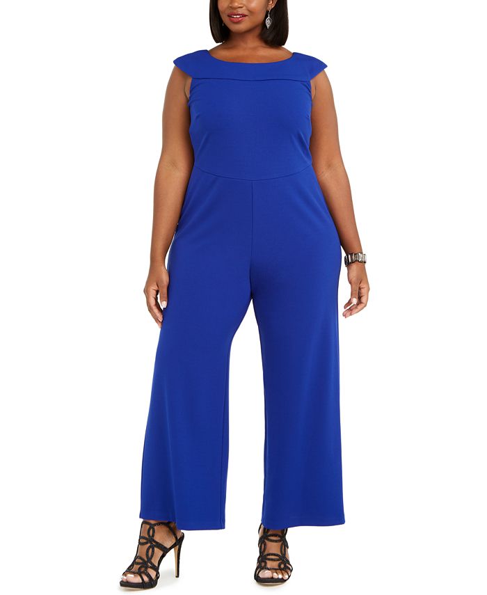 Connected Women's Solid Cap Sleeve Jewel Neck Wide Leg Evening Jumpsuit Blue Size 18W