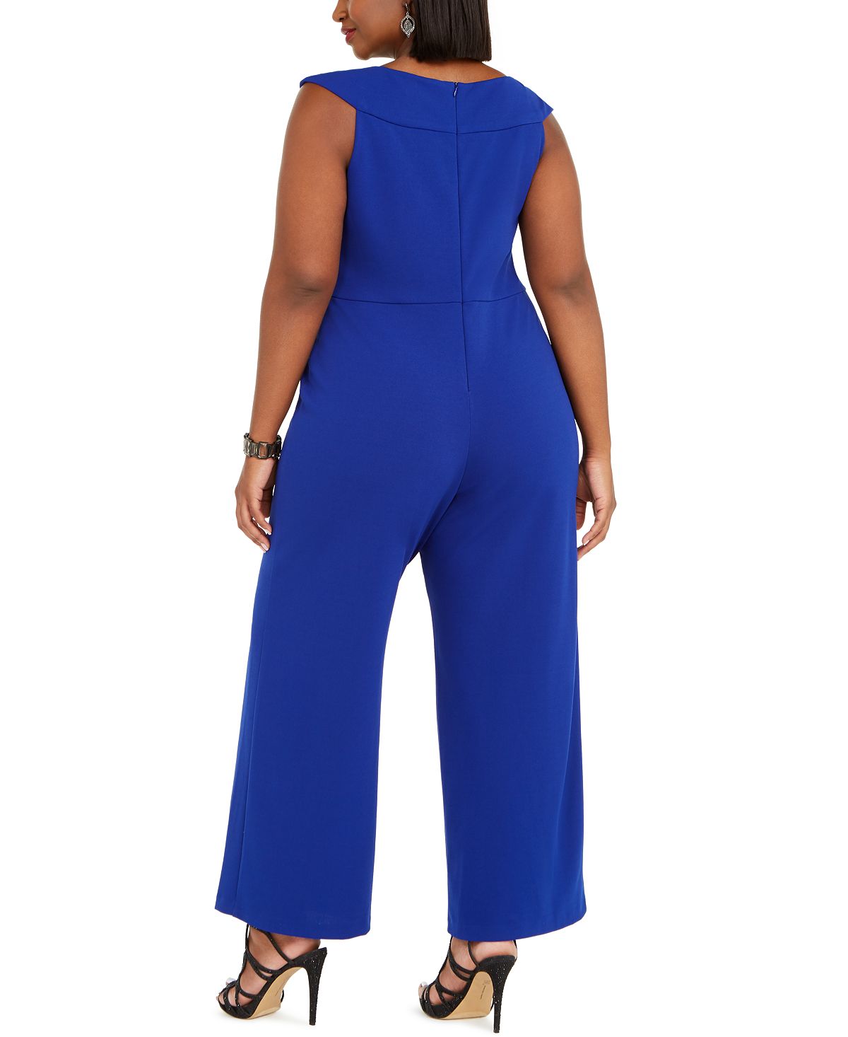 Connected Women's Solid Cap Sleeve Jewel Neck Wide Leg Evening Jumpsuit Blue Size 18W