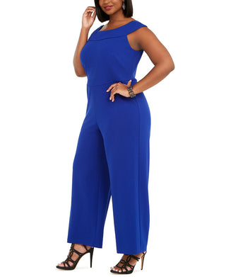 Connected Women's Solid Cap Sleeve Jewel Neck Wide Leg Evening Jumpsuit Blue Size 18W