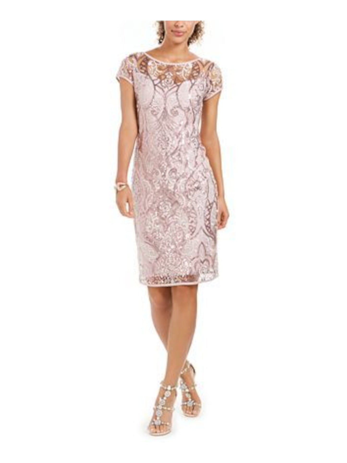Connected Apparel Women's Sequined Lace Cap Sleeve Illusion Neckline Above the Knee Sheath Cocktail Dress Pink Size 12