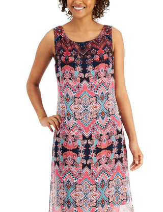 Connected Women's Sheer Slitted Lined Keyhole Back Closure Printed Sleeveless Scoop Neck Maxi Shift Dress Pink Size 16