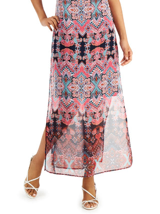 Connected Women's Sheer Slitted Lined Keyhole Back Closure Printed Sleeveless Scoop Neck Maxi Shift Dress Pink Size 16