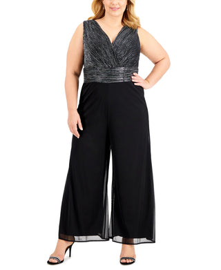 Connected Women's Metallic Wide Leg Cropped Jumpsuit Gray Size 18W