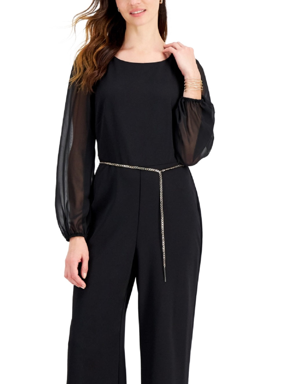 Connected Women's Chain Belt Sheer Sleeve Jumpsuit Black Size 6