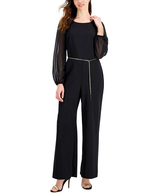 Connected Women's Chain Belt Sheer Sleeve Jumpsuit Black Size 14