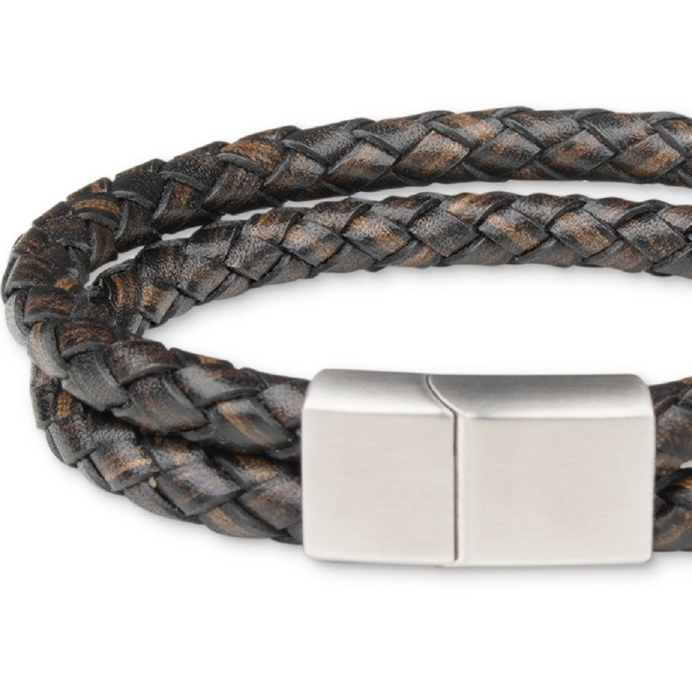 Bespoke Men's Double Strand Braided Leather Bracelet Brown Size Regular