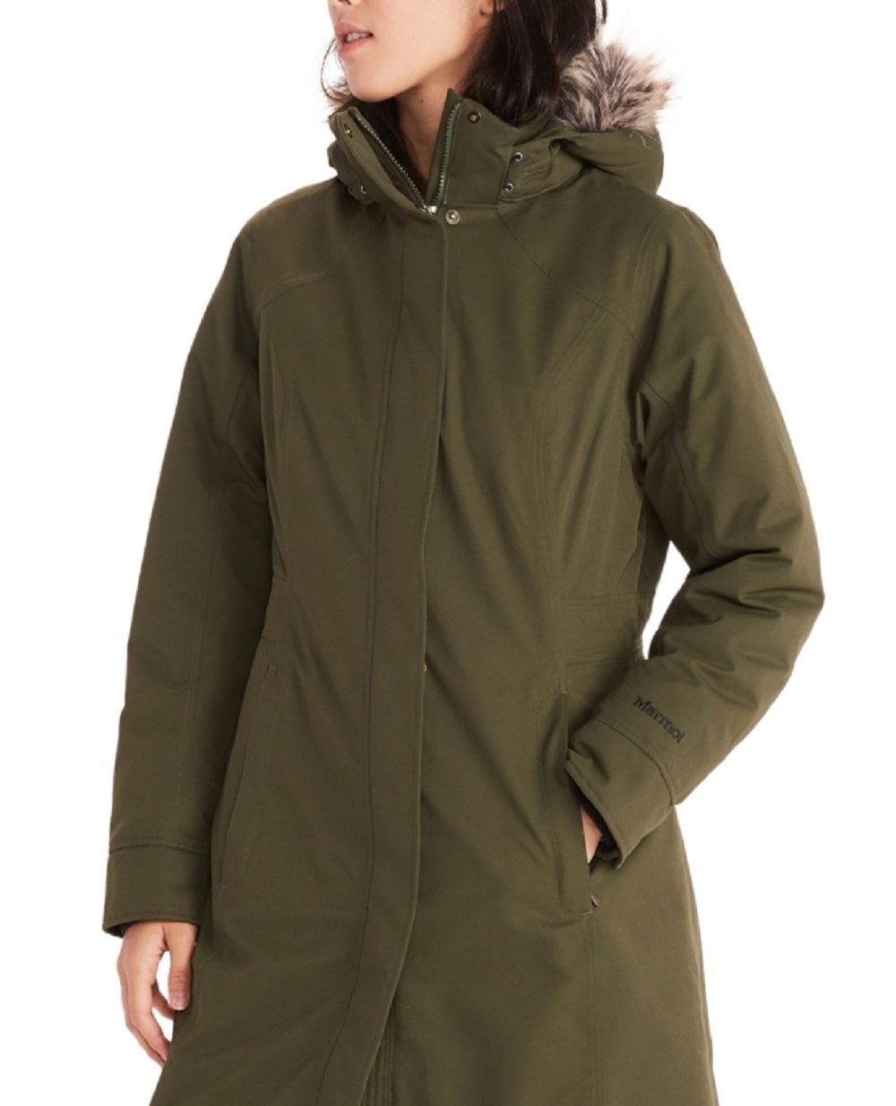 Marmot Women's Chelsea Hooded Faux Fur Trim Coat Green Size Small