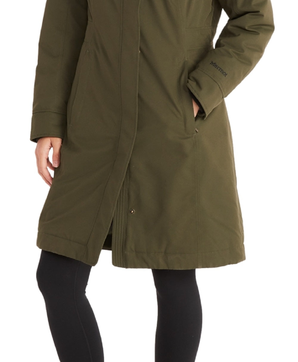 Marmot Women's Chelsea Hooded Faux Fur Trim Coat Green Size Small