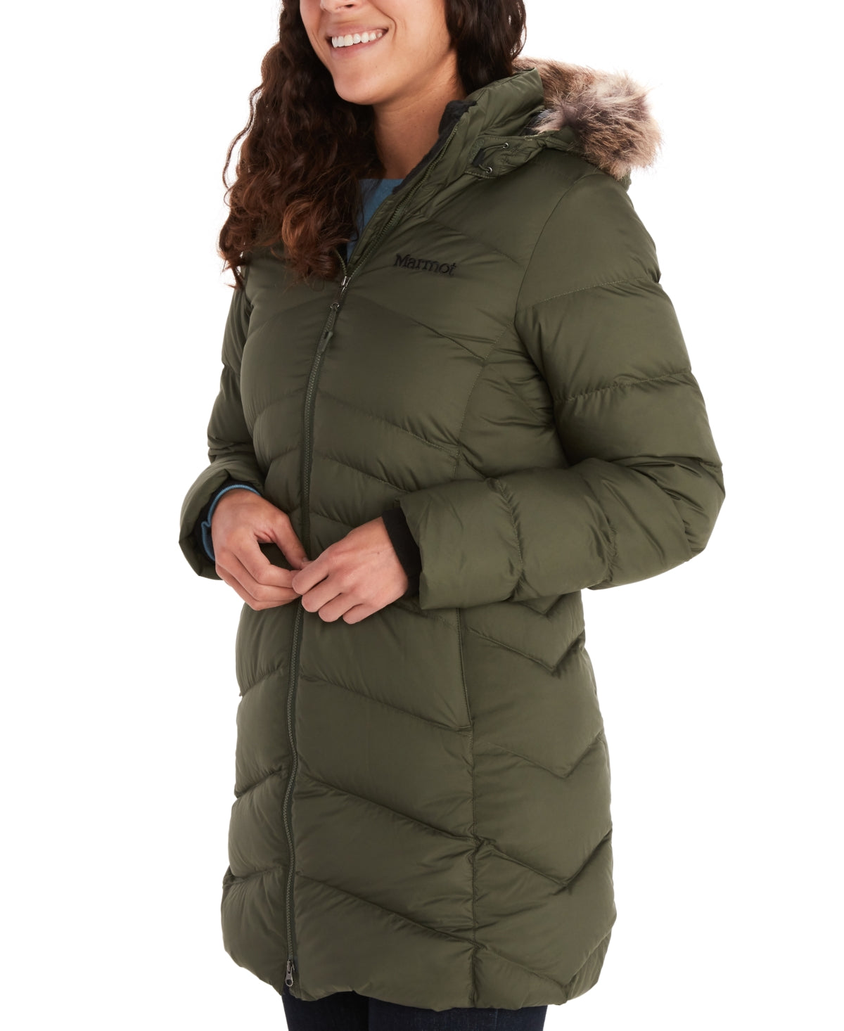 Marmot Women's Montreal Hooded Faux Fur Trim Coat Green Size Small