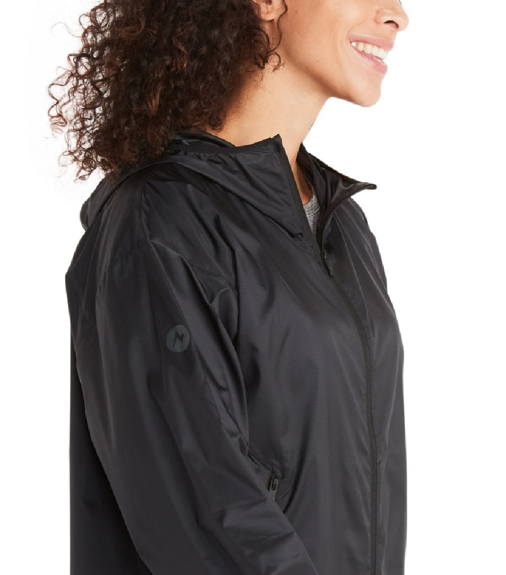 Marmot Women's Zippered Pocketed Water Repellant Droptail Hem Cuffed Sleeve Hooded Jacket Black Size Large