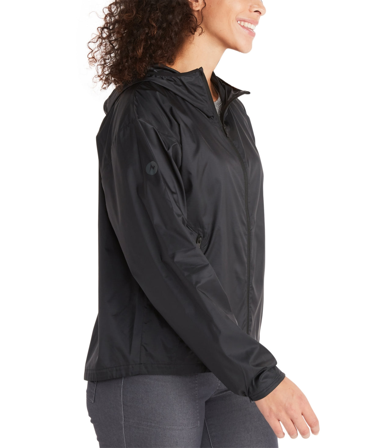 Marmot Women's Zippered Pocketed Water Repellant Droptail Hem Cuffed Sleeve Hooded Jacket Black Size Large