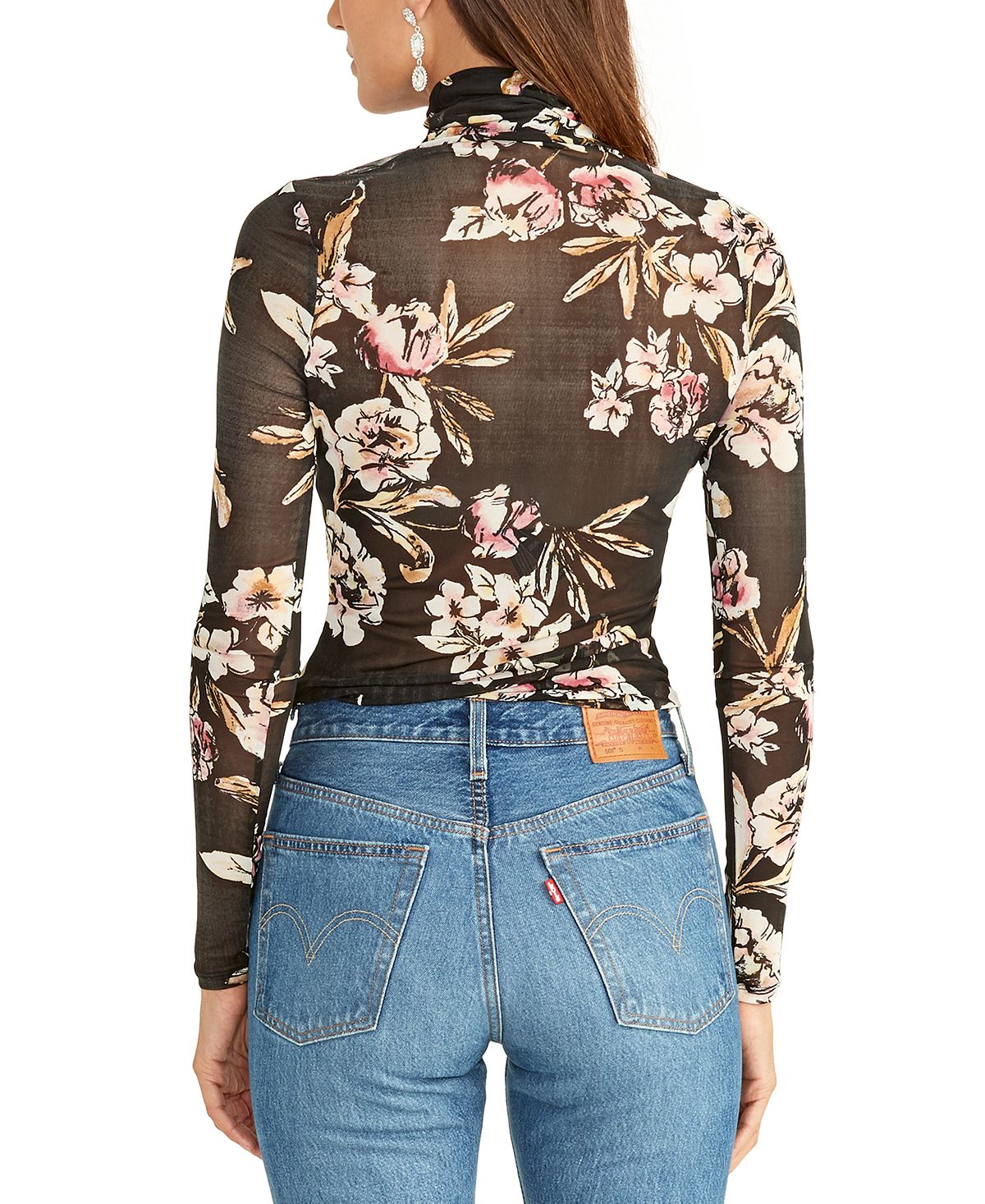 Rachel Roy Women's Floral Print Turtleneck Top Black Size Small