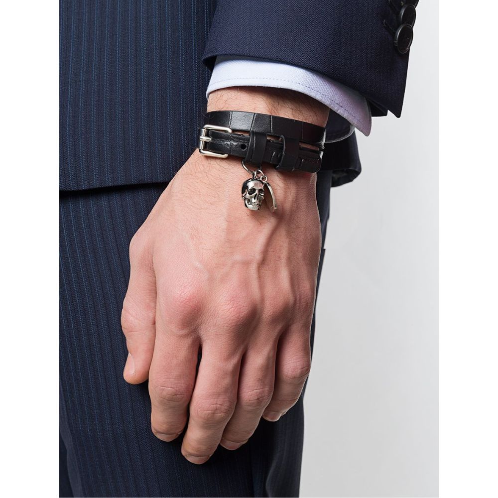 Alexander Mcqueen Men's Embossed Leather Double Wrap Skull Bracelet Black Size Regular