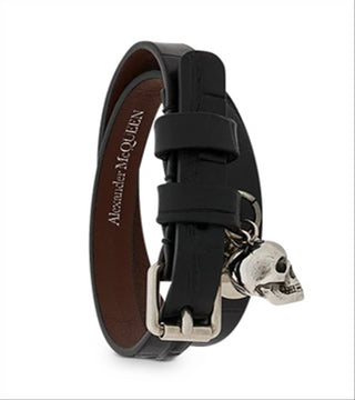 Alexander Mcqueen Men's Embossed Leather Double Wrap Skull Bracelet Black Size Regular