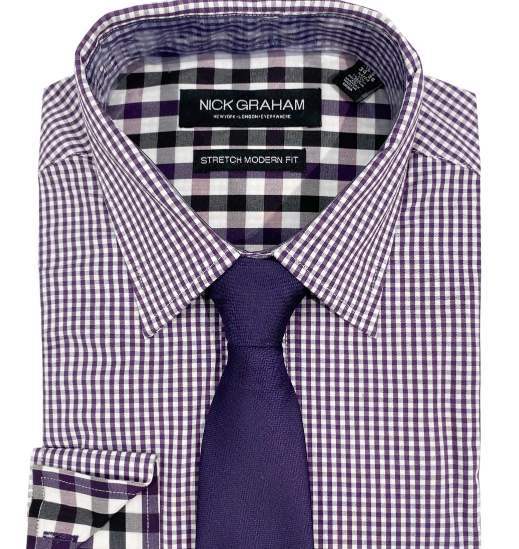 Nick Graham Men's Modern Fit Dress Shirt And Tie Purple Size 15X34X35