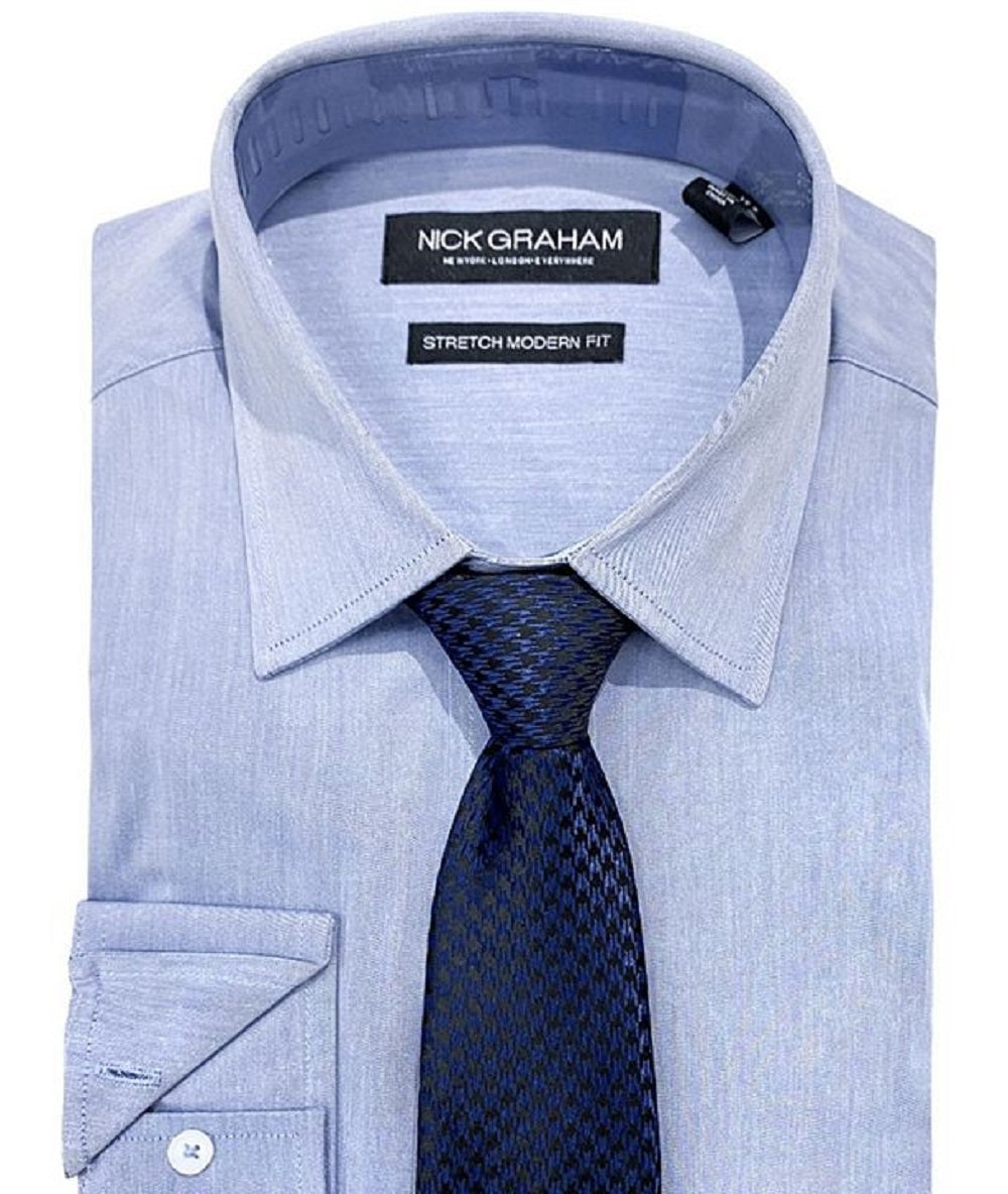 Nick Graham Men's Slim Fit Chambray Dress Shirt & Tie Set Blue Size 34X35