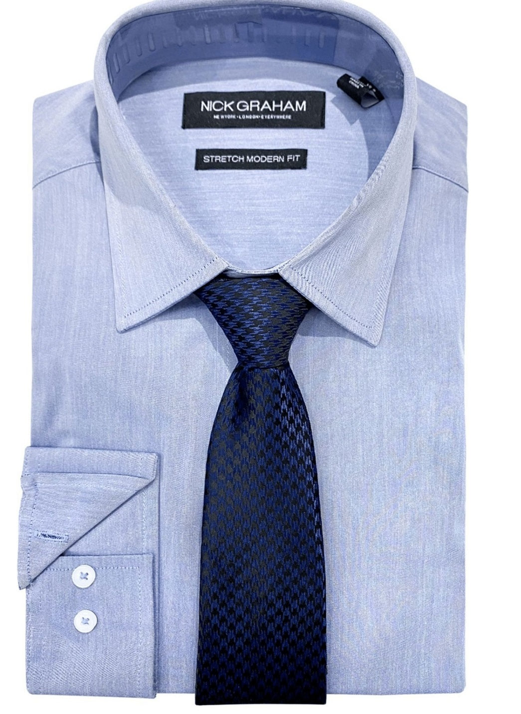 Nick Graham Men's Slim Fit Chambray Dress Shirt & Tie Set Blue Size 32X33