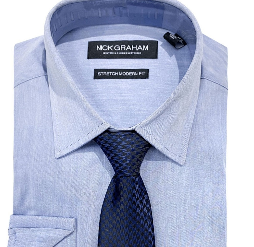 Nick Graham Men's Slim Fit Chambray Dress Shirt & Tie Set Blue Size 32X33