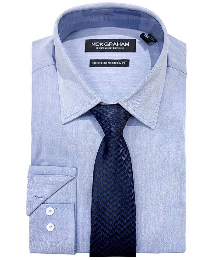 Nick Graham Men's Slim Fit Chambray Dress Shirt & Tie Set Blue Size Small