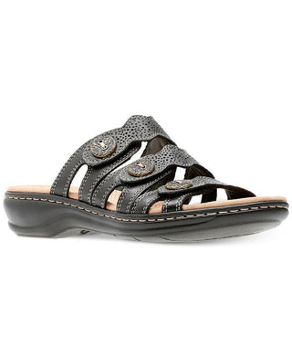 Clarks Women's Leisa Grace Tri Strap Button Accent Leather Sandal Black Size 9 M