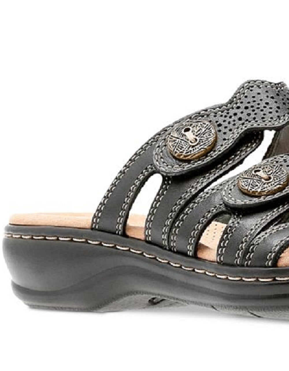 Clarks Women's Leisa Grace Tri Strap Button Accent Leather Sandal Black Size 9 M