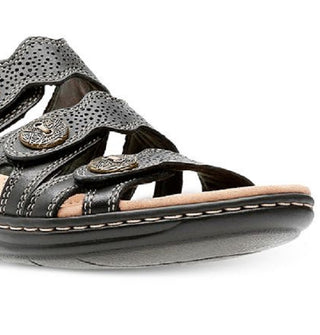 Clarks Women's Leisa Grace Tri Strap Button Accent Leather Sandal Black Size 9 M