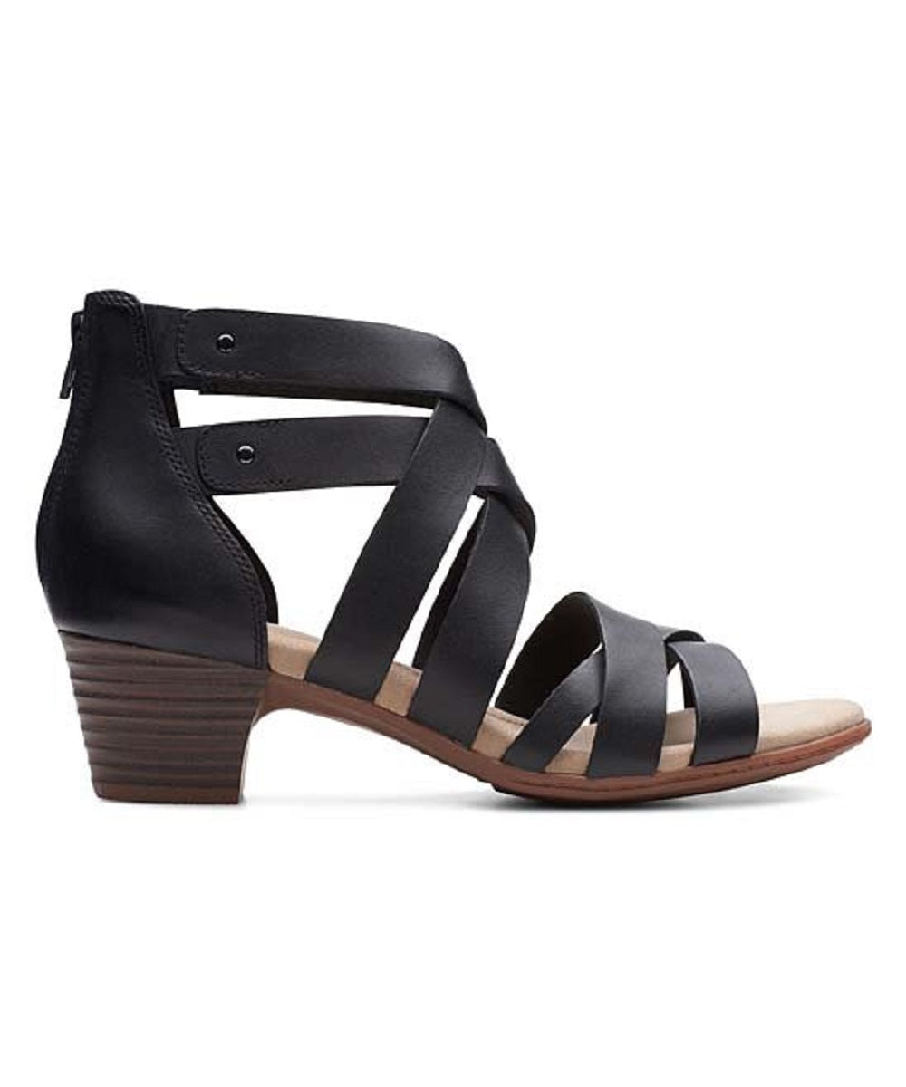 Clarks Women's Crisscross Straps Strappy Valarie Dream Round Toe Block Heel Zip up Leather Dress Sandals Black 6.5 M