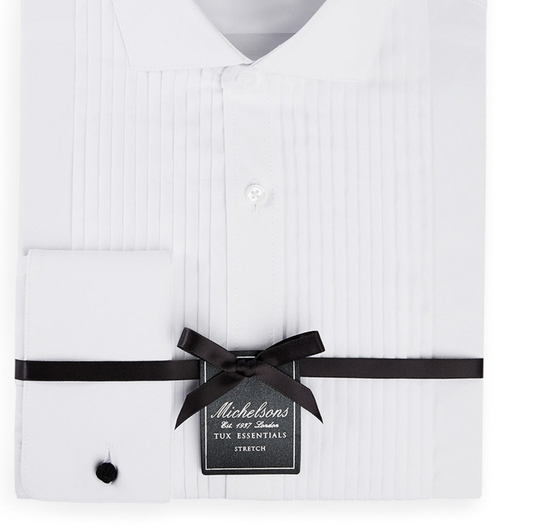 Michelsons Of London Men's Classic Fit Stretch Pleated Bib French Cuff Tuxedo Shirt White Size 16.5X34X35
