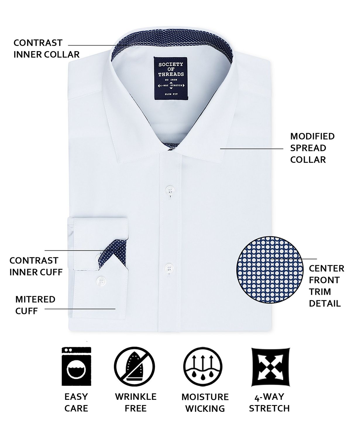 Society Of Threads Men's Slim Fit Performance Stretch Solid Dress Shirt White Size Small