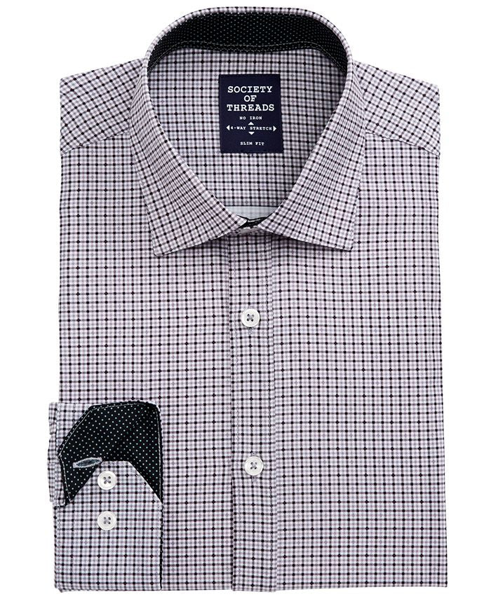Society Of Threads Men's Slim Fit Non Iron Performance Stretch Check Dress Shirt Black Size Small