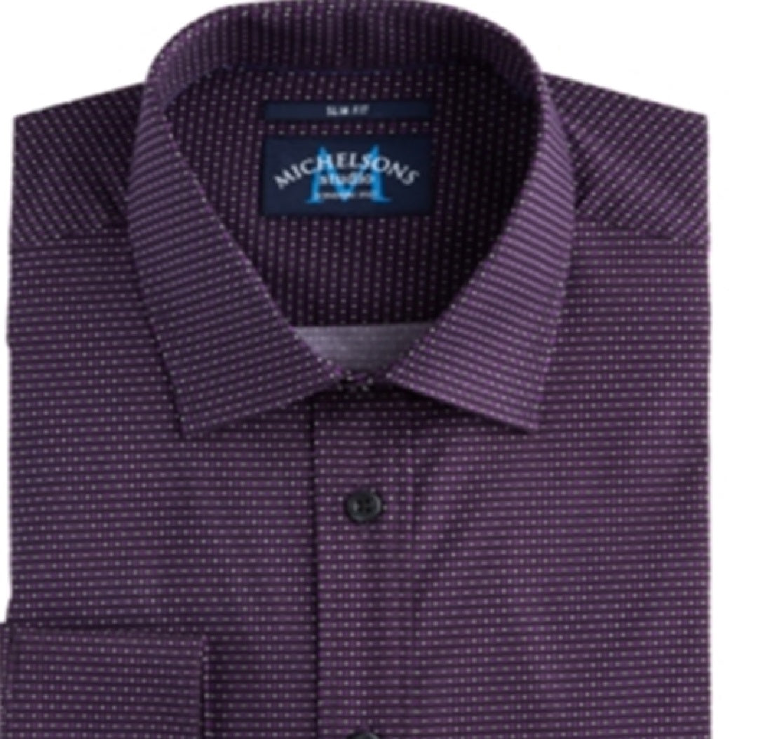 Michelsons Men's Slim Fit Performance Stretch Geo Print Dress Shirt Purple Size Small