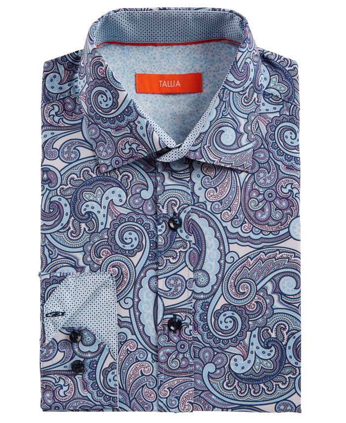 Tallia Men's Slim Fit No Iron Performance Stretch Paisley Dress Shirt Blue Size Small