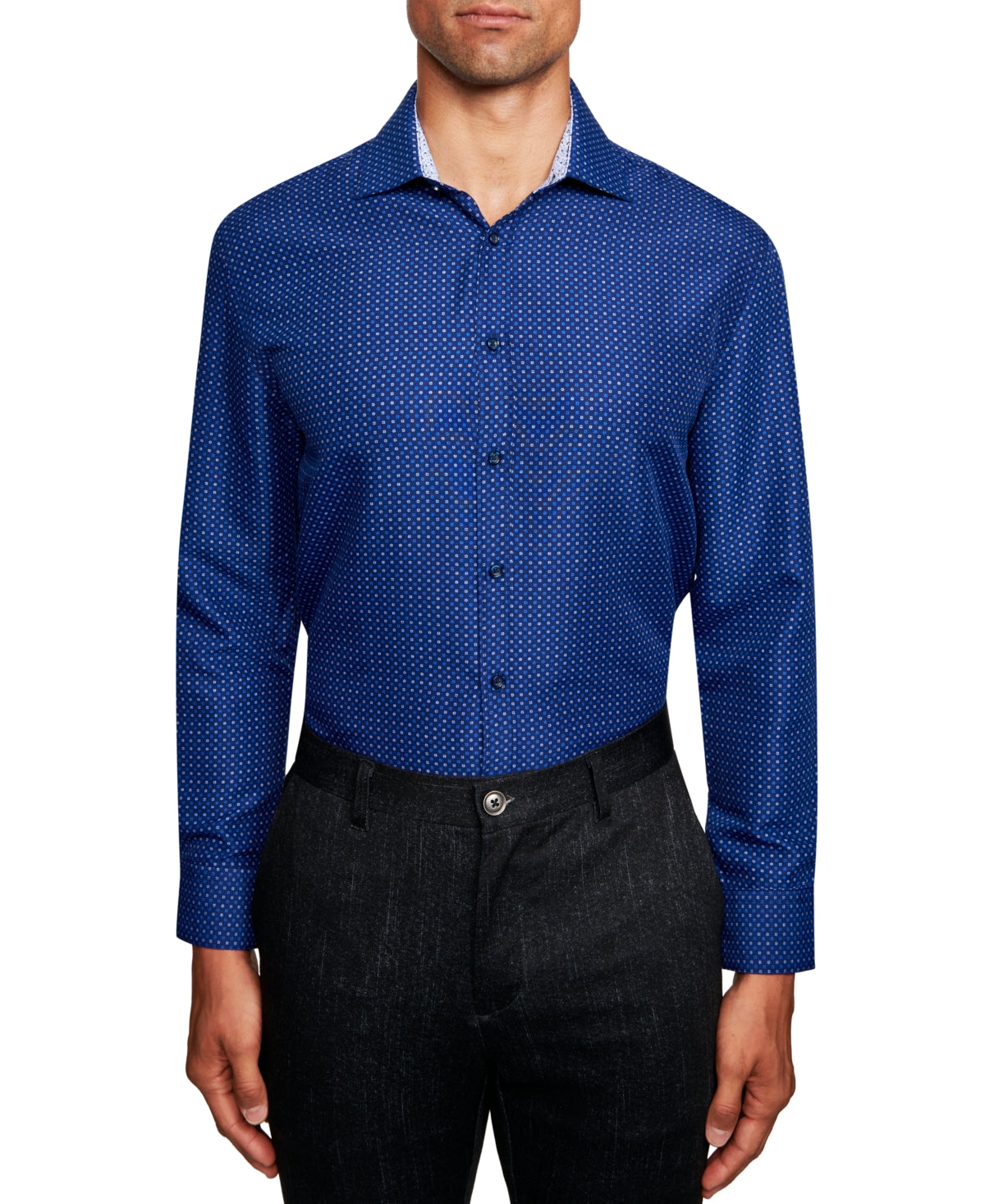 Society Of Threads Men's Slim Fit Non Iron Dot Dress Shirt Blue Size Small