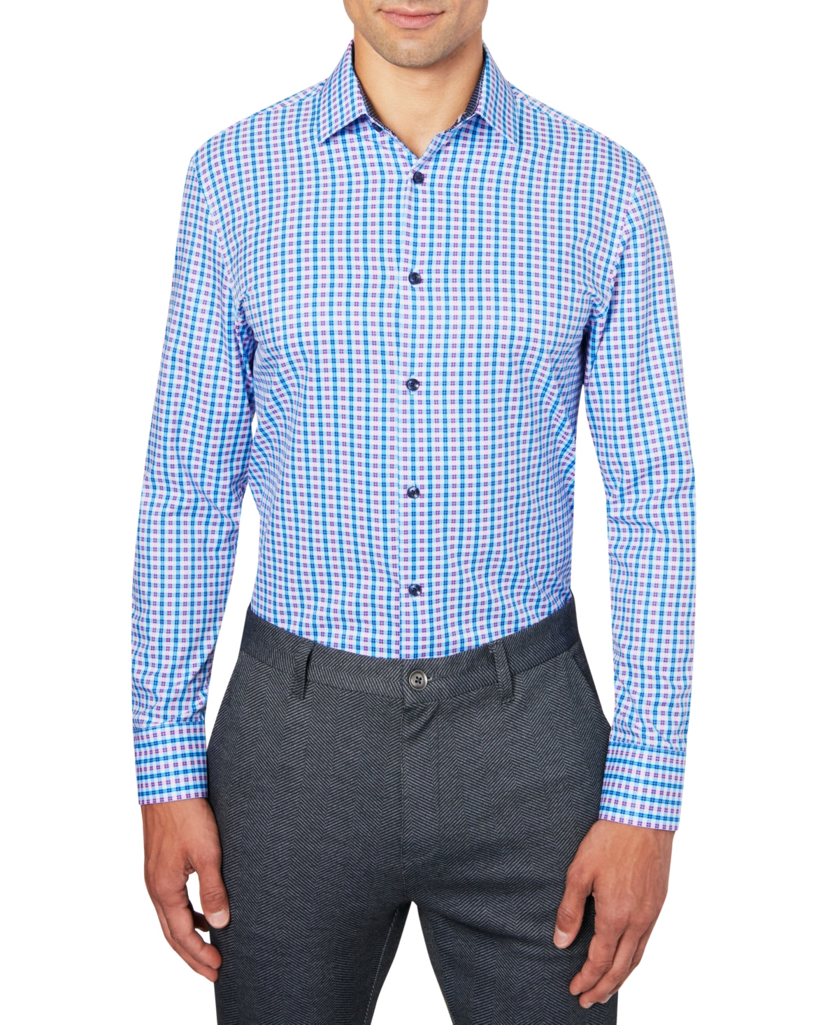 Construct Men's Slim Fit Plaid Cooling Comfort Dress Shirt Blue Size Large