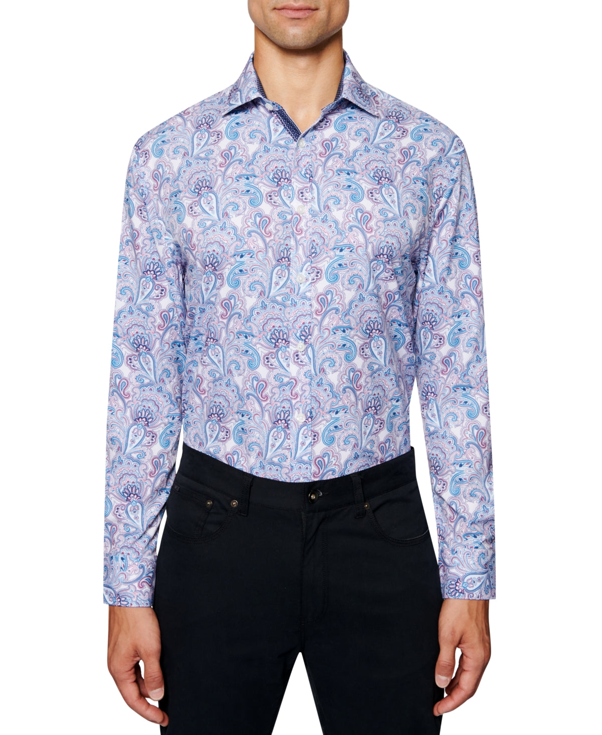 Society Of Threads Men's Slim Fit Performance Paisley Print Dress Shirt Blue Size Medium