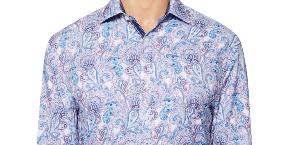 Society Of Threads Men's Slim Fit Performance Paisley Print Dress Shirt Blue Size Medium