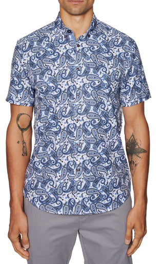 Tallia Men's Slim Fit Non Iron Performance Stretch Paisley Shirt Blue Size Large