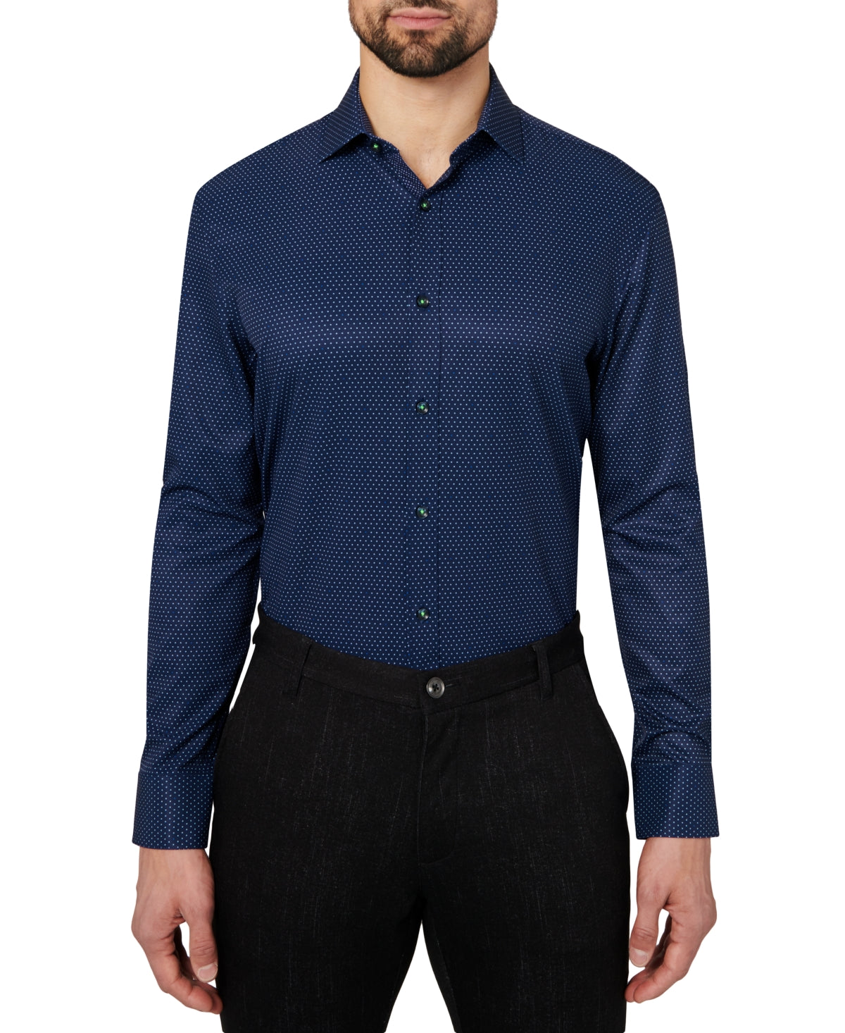 Society Of Threads Men's Slim Fit Non Iron Performance Stretch Dot Print Dress Shirt Blue Size X-Large