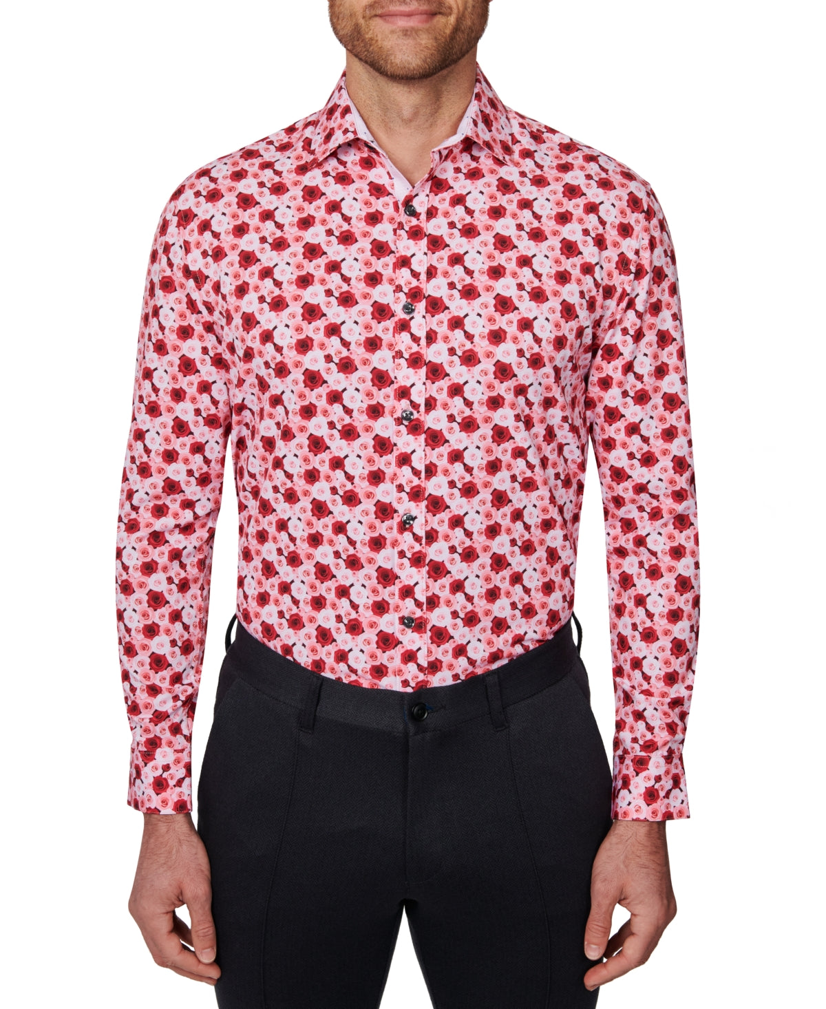 Society Of Threads Men's Slim Fit Floral Performance Dress Shirt Red Size X-Large