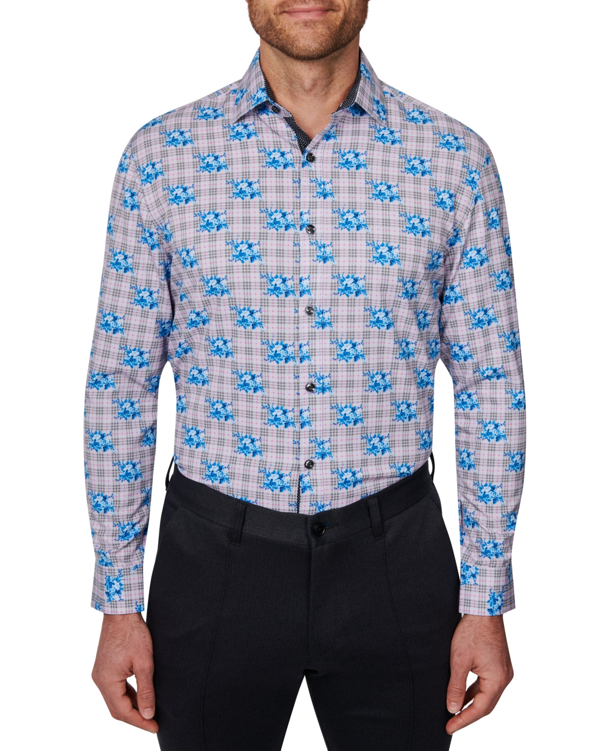 Society Of Threads Men's Slim Fit Floral Performance Dress Shirt Gray Size XX-Large