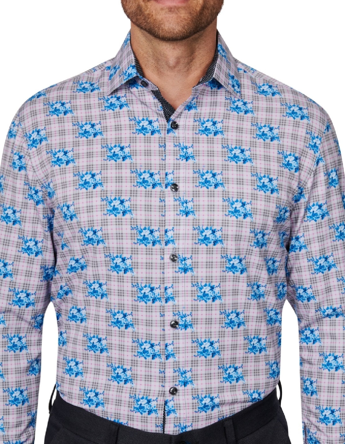 Society Of Threads Men's Slim Fit Floral Performance Dress Shirt Gray Size XX-Large